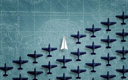 czarny plastikowy samolot zabawkowy, sztuka cyfrowa, minimalizm, samolot, papierowe samoloty, mapa, samolot, niebieskie tło, Tapety HD HD wallpaper