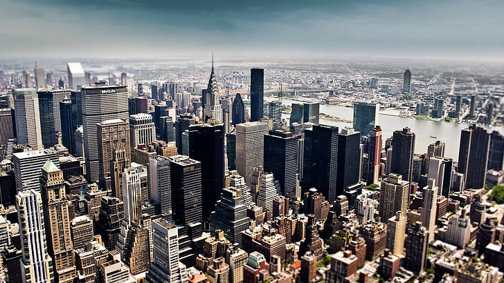 градски, град, замъглено, Ню Йорк, смяна на наклон, сграда на Крайслер, градски пейзаж, сграда, HD тапет