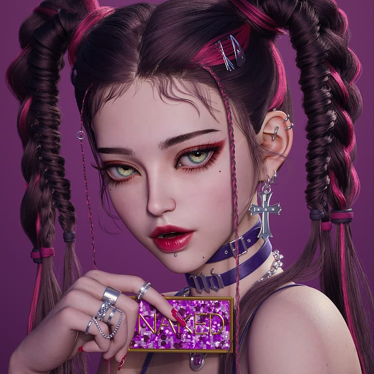 Hong Wei, CGI, women, twintails, portrait, purple, HD wallpaper