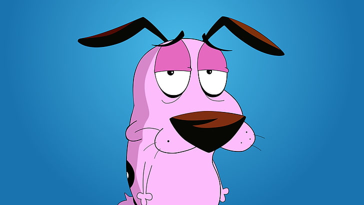 Illustration de caractère de chien rose, Courage le chien lâche, dessin animé, fond bleu, Fond d'écran HD