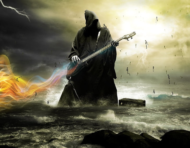 Persona tocando guitarra, mar, relámpago, guitarra, muerte, Fondo de pantalla HD