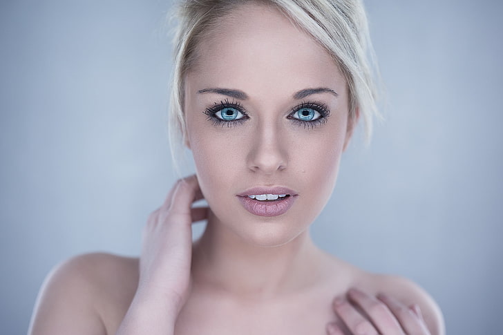 women, blonde, face, portrait, blue eyes, HD wallpaper