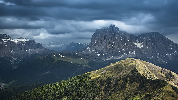 tablero de madera negro y marrón, paisaje, montañas, nubes, Alpes Dolomitas, Fondo de pantalla HD
