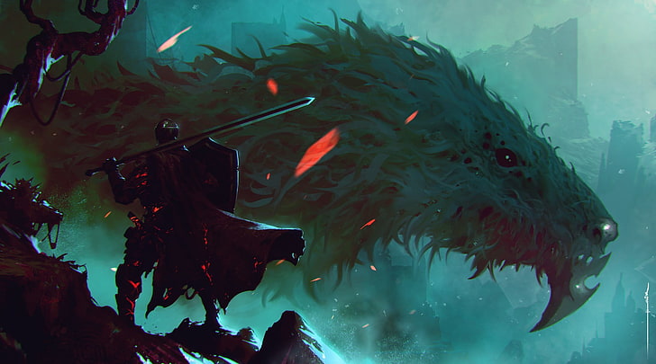человек, держащий меч и щит, иллюстрация, фэнтезийное искусство, Dark Souls III, HD обои