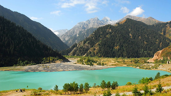 cadeias de montanhas, lago Issyk-Kul, Quirguistão, montanhas, floresta, 4k, HD papel de parede HD wallpaper