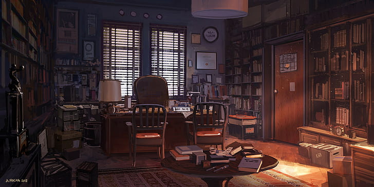 Andreas Rocha, pokój, książki, krzesło, stół, dywan, drzwi, okno, półka na książki, zegary, pudełka, Tapety HD