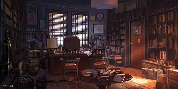 Andreas Rocha, pokój, książki, krzesło, stół, dywan, drzwi, okno, półka na książki, zegary, pudełka, Tapety HD HD wallpaper