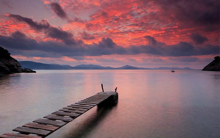 Quiet Sunset, gray wooden ocean dock, background, landscape, lake, sea, clouds, night, HD wallpaper