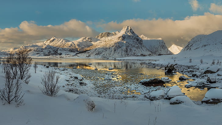 природа, пейзаж, горы, снег, Норвегия, Лофотенские острова, HD обои