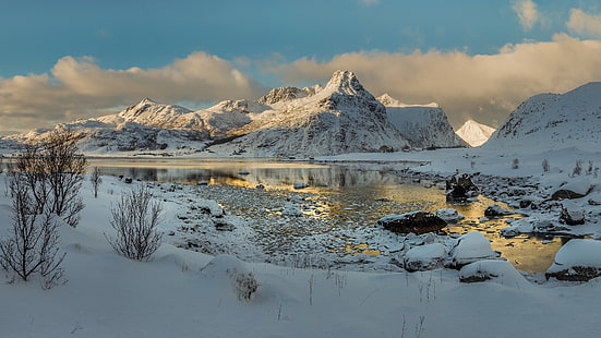 природа, пейзаж, планини, сняг, Норвегия, Лофотен, HD тапет HD wallpaper