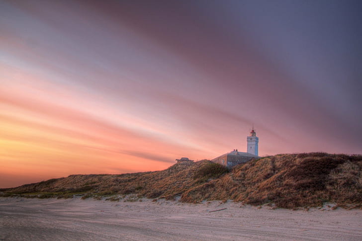 tower across the sand field, magic, light  tower, sand, field, awesome, beach, blue, ciel, clouds, cloudy, colour, colours, Couche, Countryside, Denmark, evening, Flickr, handheld, HDR, Himmel, horizon, Jylland, landscape, Licht, light, lighthouse, nature, nuages, Photomatix, processing, Sea, season, seasons, Sonne, spring, sunset, Wasser, water, Wolken, yellow, day, dusk, tower, sky, night, HD wallpaper