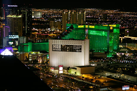 녹색 MGM 그랜드 호텔, 밤, 도시, 도시, 라스 베이거스, 카지노, 호텔, 조명., HD 배경 화면 HD wallpaper