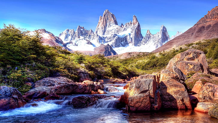 strumień, argentyna, cerro chaltén, cerro chalten, fitz roy, cerro fitzroy, krajobraz, monte fitz roy, park narodowy los glaciares, góra, el chalten, szczyt, rzeka, szczyty, park narodowy, el chaltén, patagonia, góra skalista, skała formacja, dzicz, Tapety HD