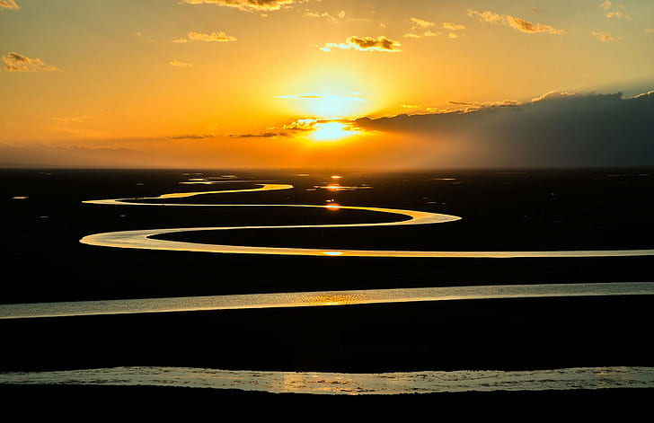curved, river, nature, stream, sunset, sunrise, prairie, HD wallpaper