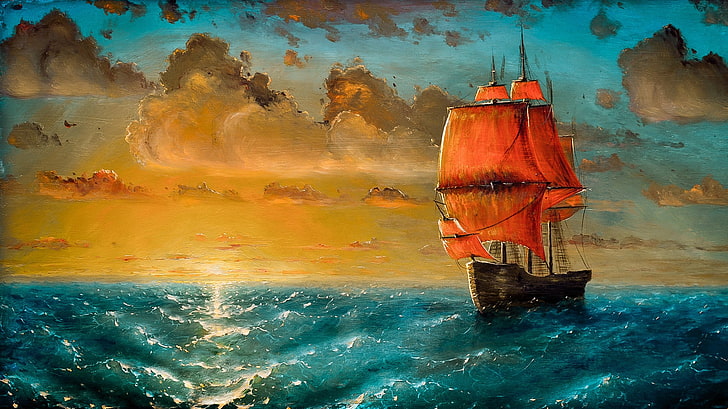 sail ship painting, painting, artwork, Pavel Korneev, HD wallpaper