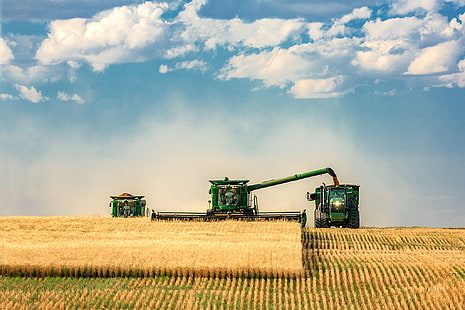 el cielo, nubes, campo, polvo, tractor, cosecha, granja, cosechadoras, Fondo de pantalla HD HD wallpaper
