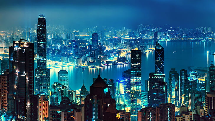 Хонконг, Нощен пейзаж, Градски пейзаж, Скайлайн, HD, HD тапет