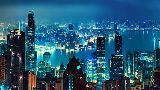 Гонконг, ночной пейзаж, городской пейзаж, горизонт, HD, HD обои HD wallpaper