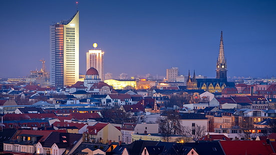Leipzig, gece, binalar, ışıklar, almanya, şehrin havadan görünümü, Leipzig,, gece, binalar, ışıklar, almanya, HD masaüstü duvar kağıdı HD wallpaper