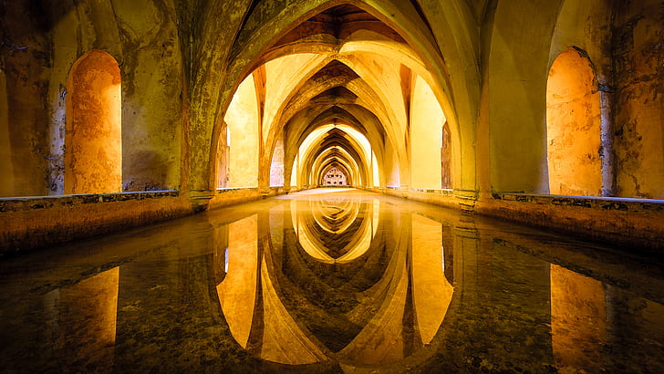 architecture, building, Sevilla, Spain, arch, symmetry, reflection, bath, water, ancient, yellow, calm waters, HD wallpaper