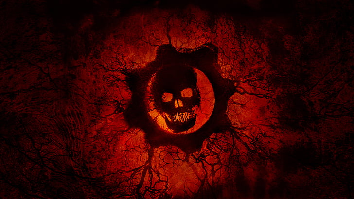 Логотип Gears of War, Малиновое предзнаменование, Красный череп, Gears of War, HD, 4K, 8K, HD обои