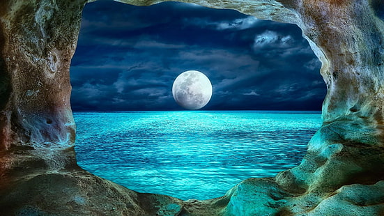 prohodna cave, karlukovo, bulgaria, the eyes of god, karst cave, full moon, cave, sea, night sky, waterscape, moonlit, moonlight, HD wallpaper HD wallpaper