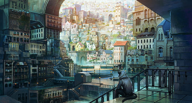 аниме, град, седнал, котешки уши, опашка, фантастичен град, произведение на изкуството, HD тапет