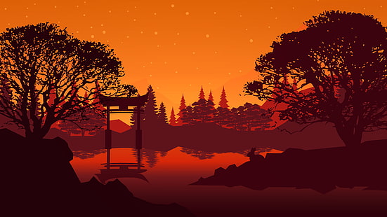 platt landskap, solnedgång, torii, fantasi, HD tapet HD wallpaper