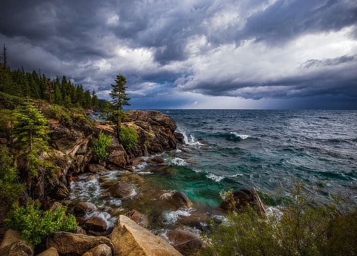 wave, forest, trees, landscape, clouds, storm, nature, lake, stones, rocks, shore, USA, Tahoe, Lake Tahoe, HD wallpaper