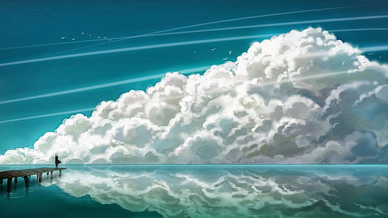 cielo nuvoloso, nuvole, vignetta, lago, acqua, riflesso, anime, cielo, Sfondo HD HD wallpaper