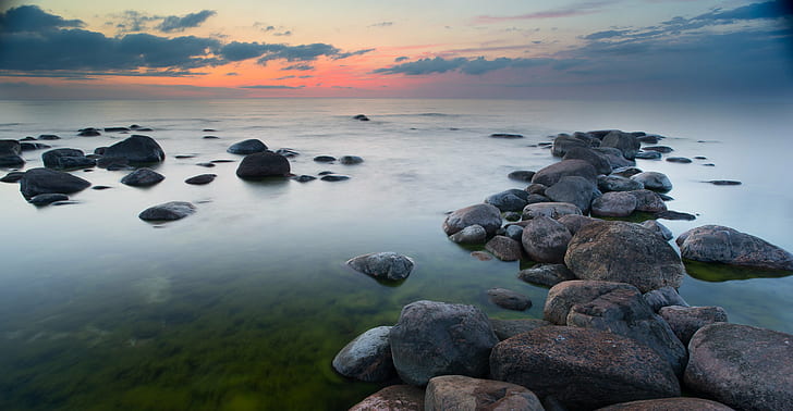 grey stones on water under white clouds, HDR, seascape, rocks, water, white clouds, estonia, landscape, nature, rock - Object, sea, sunset, beach, coastline, scenics, outdoors, reflection, dusk, stone - Object, sky, summer, HD wallpaper