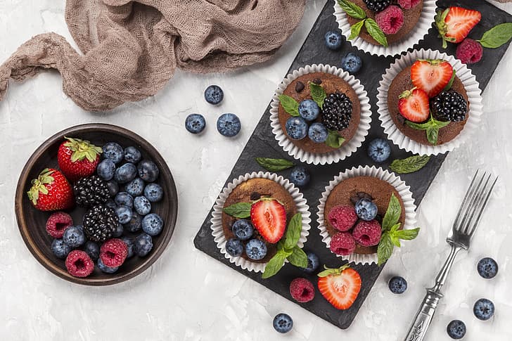 berries, raspberry, strawberry, plug, BlackBerry, cupcakes, blueberries, muffins, HD wallpaper