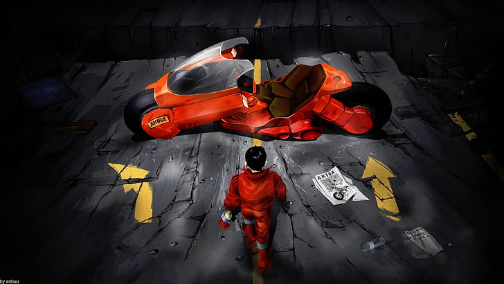 Mann, der in Richtung zur digitalen Tapete des orange Sportfahrrades, Akira, Motorrad, Grafik geht, HD-Hintergrundbild