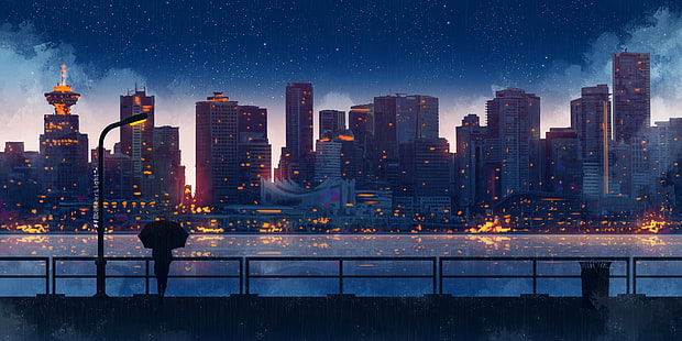 Anime, Stadt, Gebäude, Frauen, Regenschirm, Nacht, Malerei, digitale Kunst, SeerLight, Stadtbild, Sterne, solice, HD-Hintergrundbild HD wallpaper