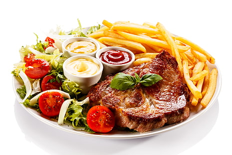 viande grillée avec frites et sauce, viande, tomates, sauce, ketchup, pommes de terre, steak, tomate, Fond d'écran HD HD wallpaper