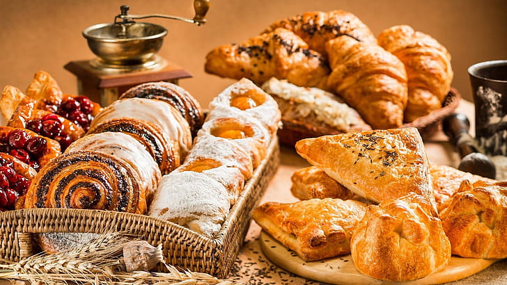 productos horneados, pastelería, panadería, desayuno, bocadillos, croissant, horneado, Fondo de pantalla HD