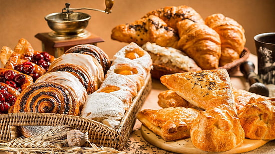 productos horneados, pastelería, panadería, desayuno, bocadillos, croissant, horneado, Fondo de pantalla HD HD wallpaper