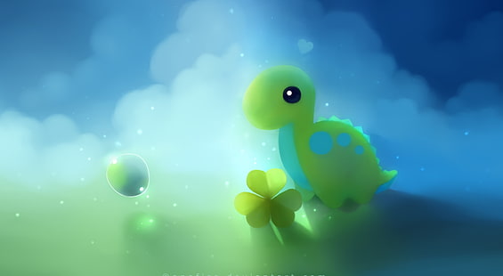 Cute Dino, green dinosaur illustration, Artistic, Fantasy, Beautiful, Green, Bubbles, Artwork, Animal, Painting, Cute, blue clouds, Dinosaur, HD wallpaper HD wallpaper