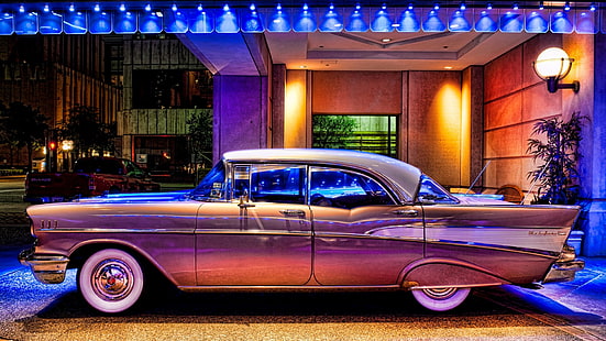 różowy samochód, stary samochód, Oldtimer, pojazd, HDR, 1957 Chevrolet Bel Air, Tapety HD HD wallpaper