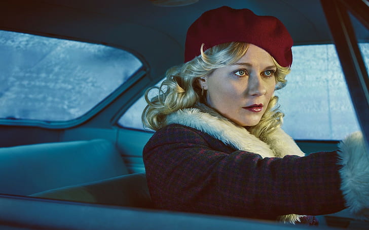 kirsten dunst mulheres loira atriz batom vermelho carro mulheres com carros chapéu fargo série de tv tv olhos azuis, HD papel de parede