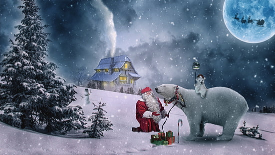 Празник, Коледа, Подарък, Полярна мечка, Дядо Коледа, Зима, HD тапет HD wallpaper