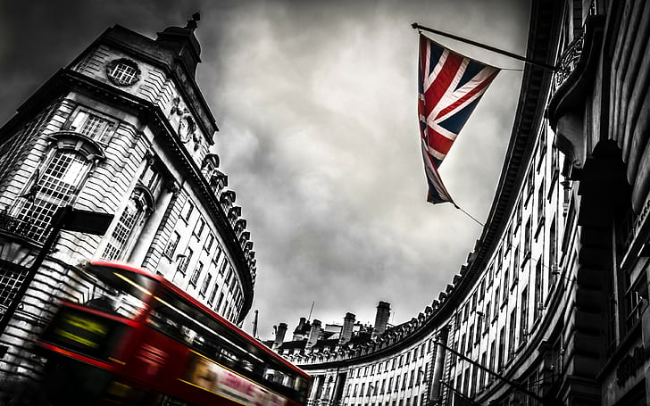 city, flag, selective coloring, London, buses, Union Jack, doubledecker, HD wallpaper