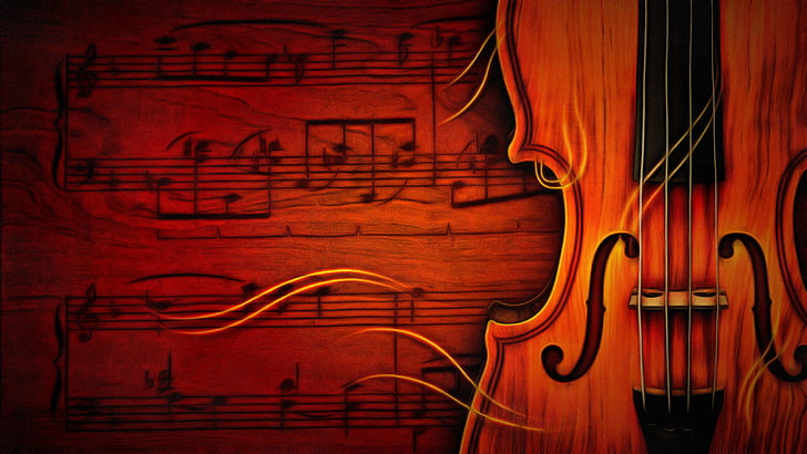 красная и черная скрипка с нотами графические обои, скрипка, музыка, музыкальные ноты, HD обои