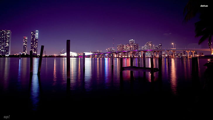✼.Маями Skyline през нощта.✼, Маями Skyline през нощта, хладно, мостове, други, Америка, архитектура, артистичен, модерен, път, colorfu, HD тапет