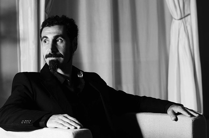 men's black suit jacket, men, musician, monochrome, singer, Serj Tankian, sitting, System of a Down, beards, suits, looking away, curtain, HD wallpaper