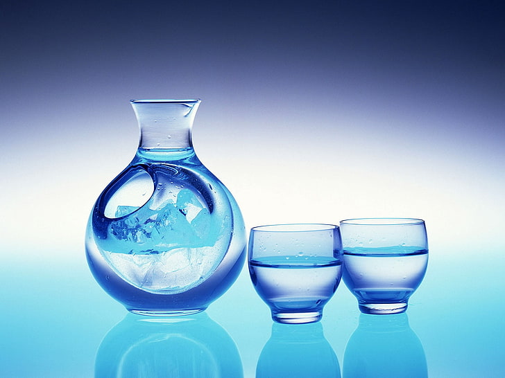 brocca di vetro trasparente e bicchieri, bevande, bicchieri, ghiaccio, Sfondo HD