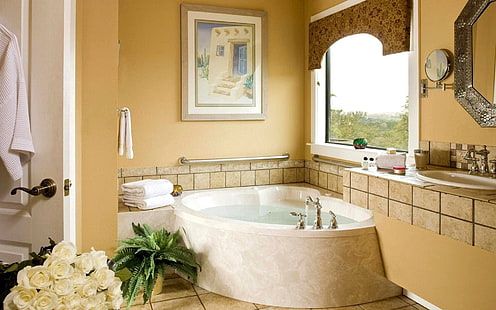 бяла керамична вана, баня, светлина, комфорт, дизайн, стил, HD тапет HD wallpaper