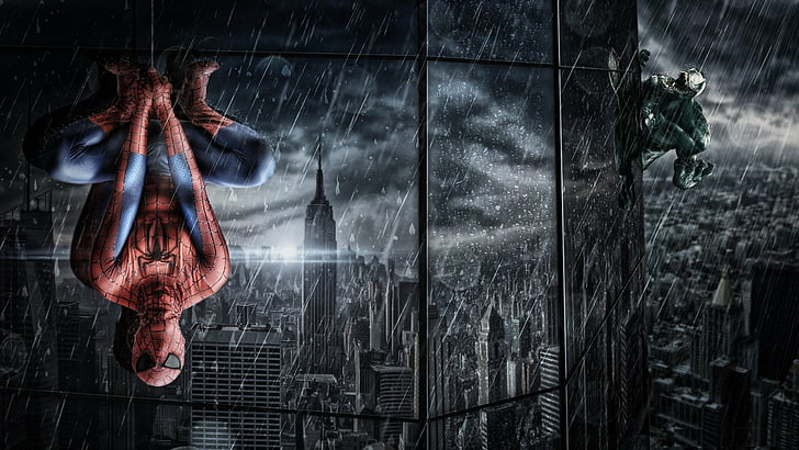 Building, hanging, movie, rain, reflection, shower, spiderman, suit, web,  HD wallpaper | Wallpaperbetter