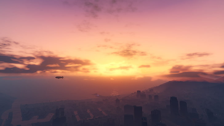 восход, Grand Theft Auto V, закат, море, город, облака, HD обои