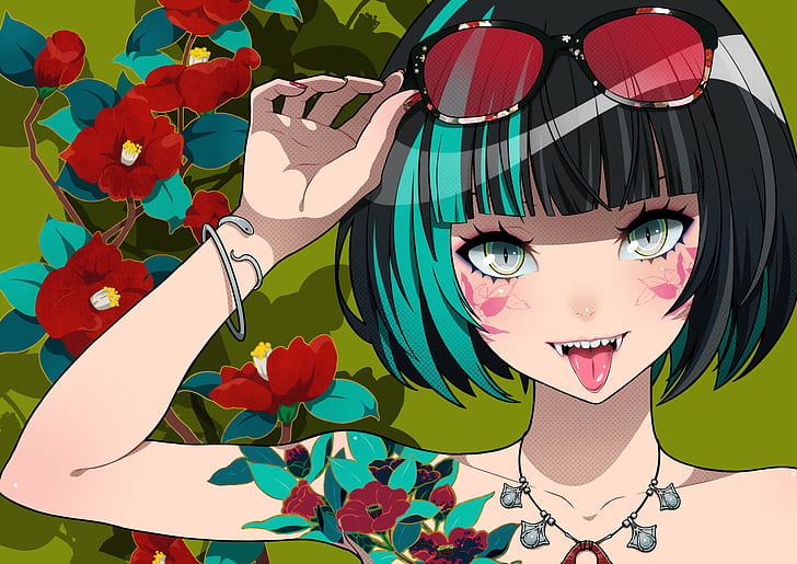 women, dark hair, looking at viewer, portrait, sunglasses, bracelets, necklace, tattoo, flowers, fangs, tongues, tongue out, artwork, digital art, illustration, 2D, green background, shadow, LAM, original characters, drawing, anime girls, eyeliner, teeth, anime, HD wallpaper